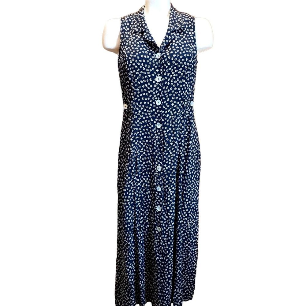 T & Company women's button front dotted Navy Sheath Back cut out Dress Size 10